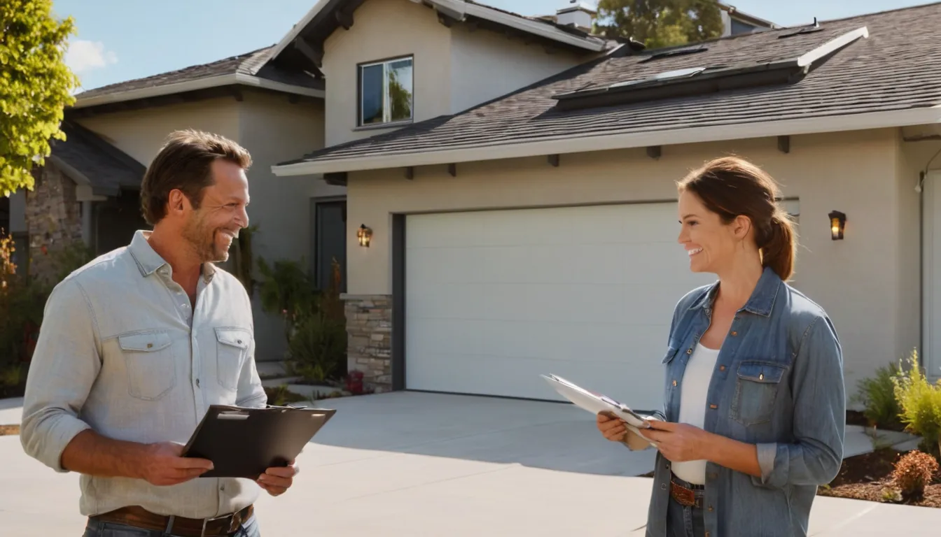A friendly garage door provider showing a new door sample to a homeowner outside a stucco home in Pacifica