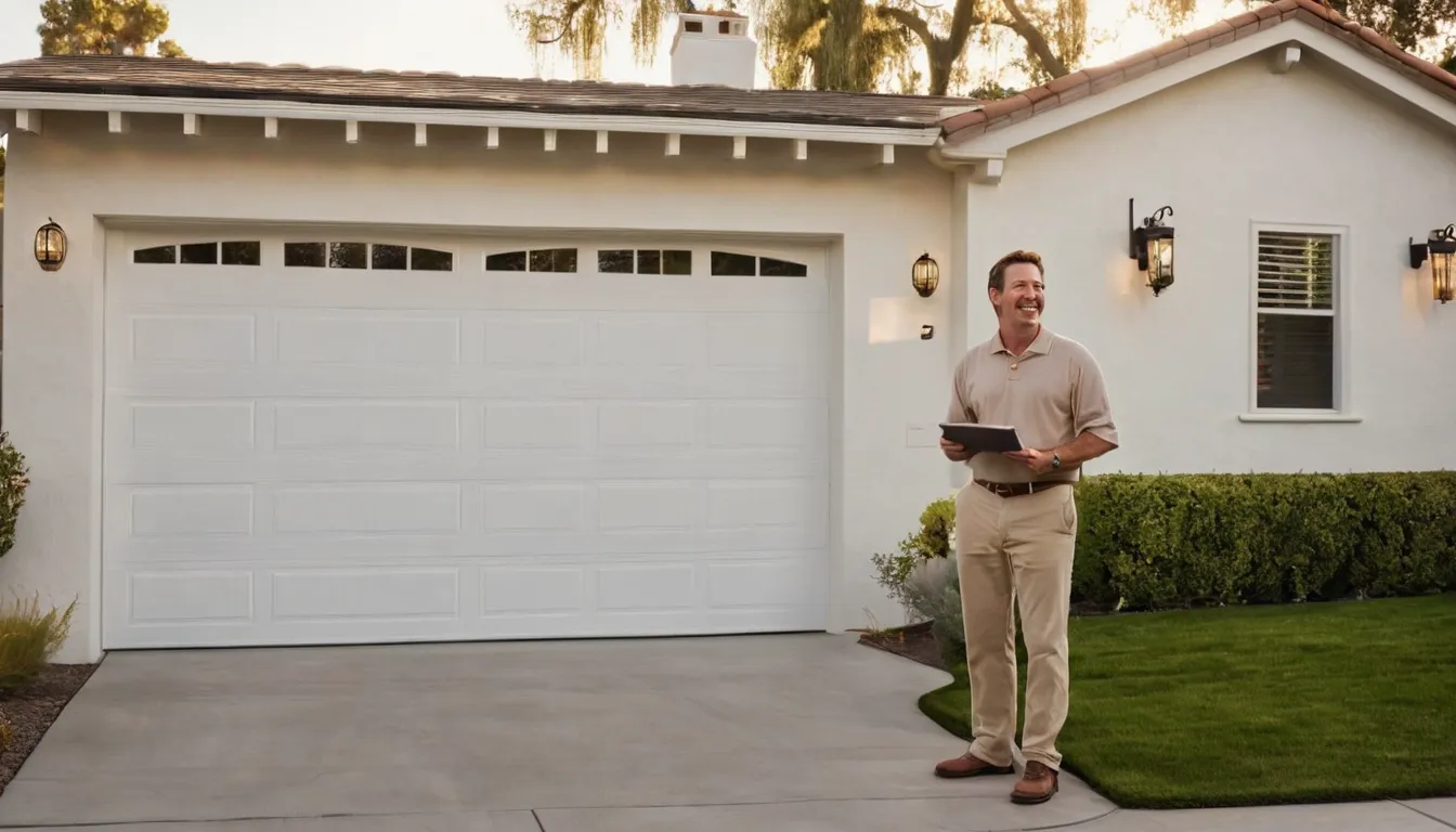 Friendly homeowner talking with a garage door provider beside a stucco ranch home in Pacifica