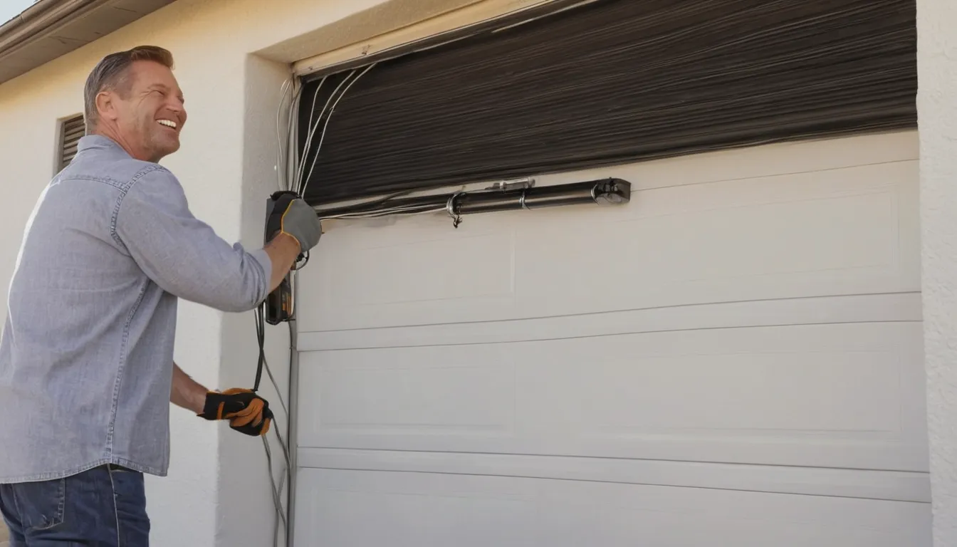 Friendly garage door provider inspecting a torsion spring above a residential garage door in Pacifica